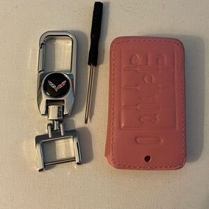 Corvette Key Fob Keychain in silver metal & Fob Case Cover in Pink Leather NWT